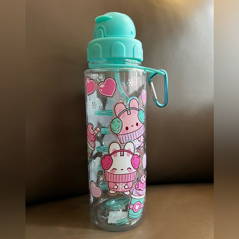 Cute Bunny Kids Water Bottle - Teal and Pink